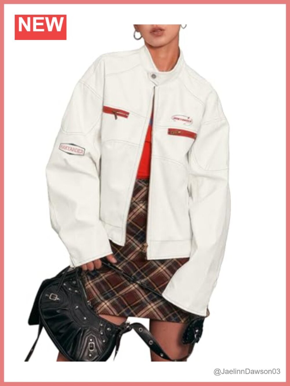Faux Leather Denim Patchwork Moto Jacket Zip Up Streetwear Coat